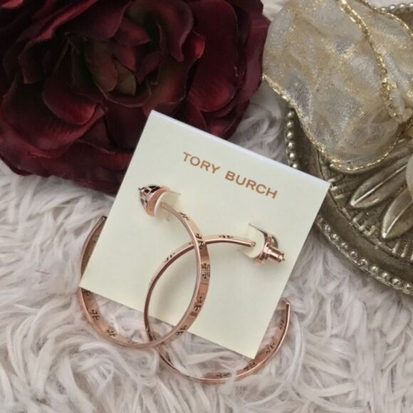New Tory Burch Rose Logo Cut Out Stud Hoop Earrings - Picture 2 of 4